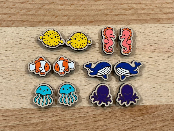 Hand Painted Ocean life stud earrings seahorse octopus whale puffer fish clown fish jelly fish