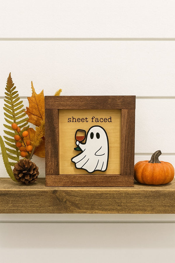 5x5 Halloween Wood Sign – Fall signs ” – Red Mahogany Stained Frame Ghost Wood Sign | Framed Farmhouse Shelf Decor - Moonshineandglitter