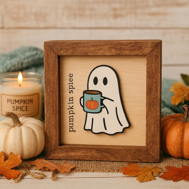 5x5 Halloween Wood Sign – Fall signs ” – Red Mahogany Stained Frame Ghost Wood Sign | Framed Farmhouse Shelf Decor - Moonshineandglitter