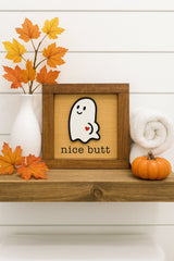 5x5 Halloween Wood Sign – Fall signs ” – Red Mahogany Stained Frame Ghost Wood Sign | Framed Farmhouse Shelf Decor - Moonshineandglitter