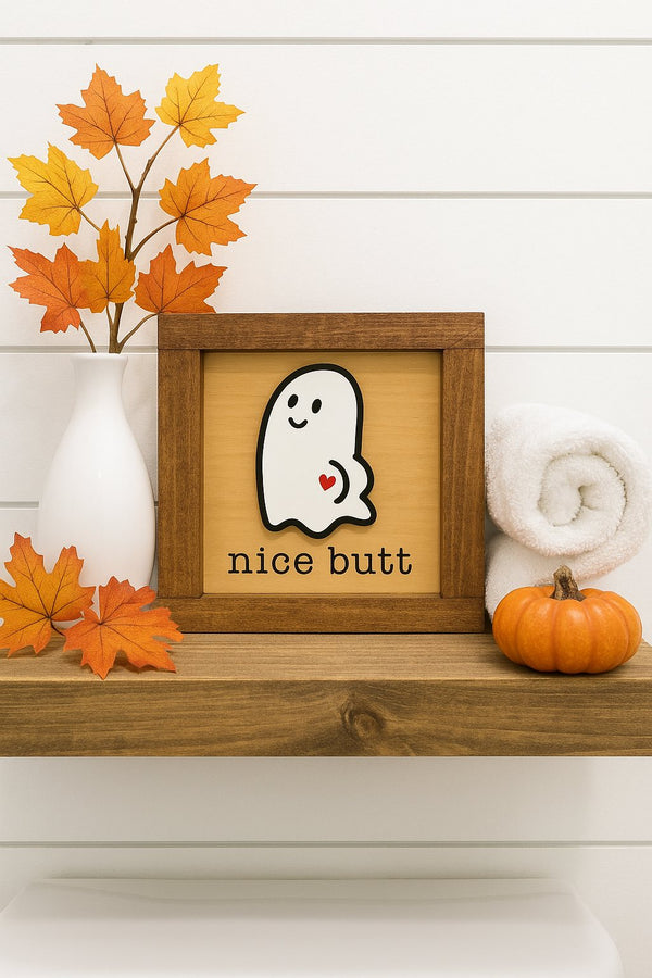 5x5 Halloween Wood Sign – Fall signs ” – Red Mahogany Stained Frame Ghost Wood Sign | Framed Farmhouse Shelf Decor - Moonshineandglitter