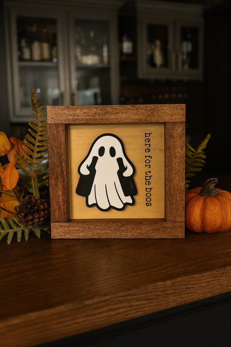 5x5 Halloween Wood Sign – Fall signs ” – Red Mahogany Stained Frame Ghost Wood Sign | Framed Farmhouse Shelf Decor - Moonshineandglitter
