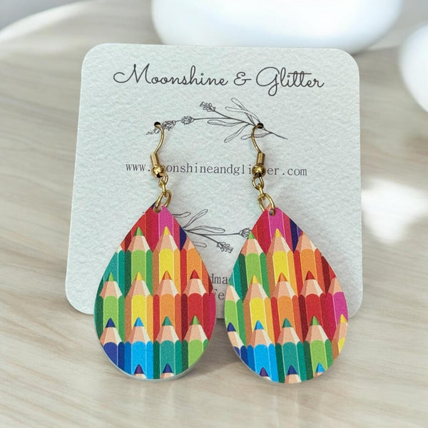 Colored pencil dangle Earrings, Teacher gift, Teacher Earrings, Art Lover Gifts, school Earrings, Gifts for Teachers, Reading - Moonshineandglitter