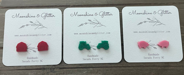 Farm animal stud earrings barn tractor pig quality acrylic hypoallergenic gift for her cow lover farmer - Moonshineandglitter