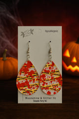 Halloween Blood Splatter & Crime Scene Tape Earrings – Teardrop Dangle – Spooky Fall Jewelry – Hypoallergenic - Moonshineandglitter