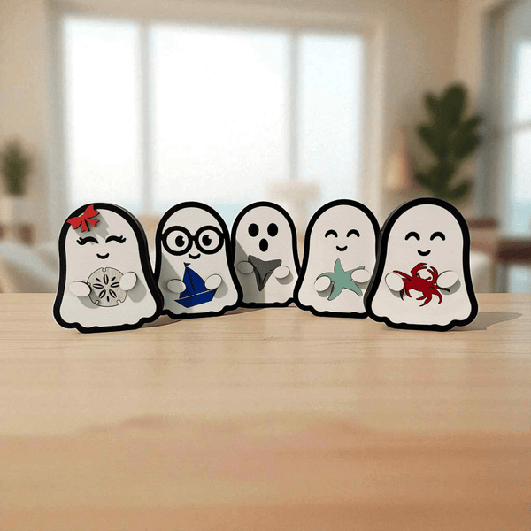 Halloween Ghost Beach Theme – Stand Alone 4" Ghost Decor – Coastal Halloween Shelf Sitter – Beachy Spooky Cute Fall Decoration - Moonshineandglitter