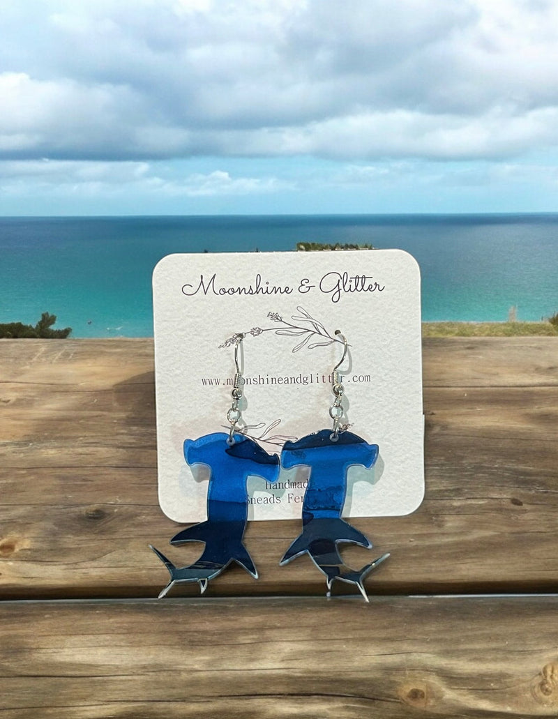 Hammerhead Shark earrings dangle beach jewelry ocean sea animal sensitive ears 1.5” in length lightweight hypoallergenic shark earrings - Moonshineandglitter