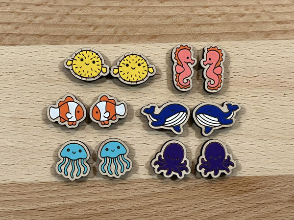 Hand Painted Ocean life stud earrings seahorse octopus whale puffer fish clown fish jelly fish - Moonshineandglitter