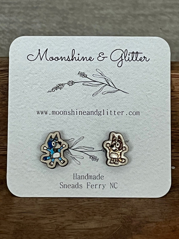 Handpainted Wood Stud Earrings Bluey Bandit heeler chilli dog cartoons - Moonshineandglitter