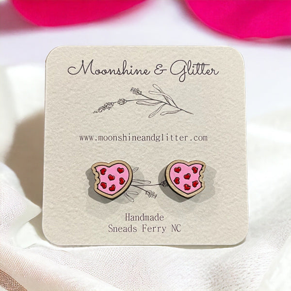 Handpainted Wood Stud Earrings with valentine cookies love heart vday Hypoallergenic, Lightweight - Moonshineandglitter