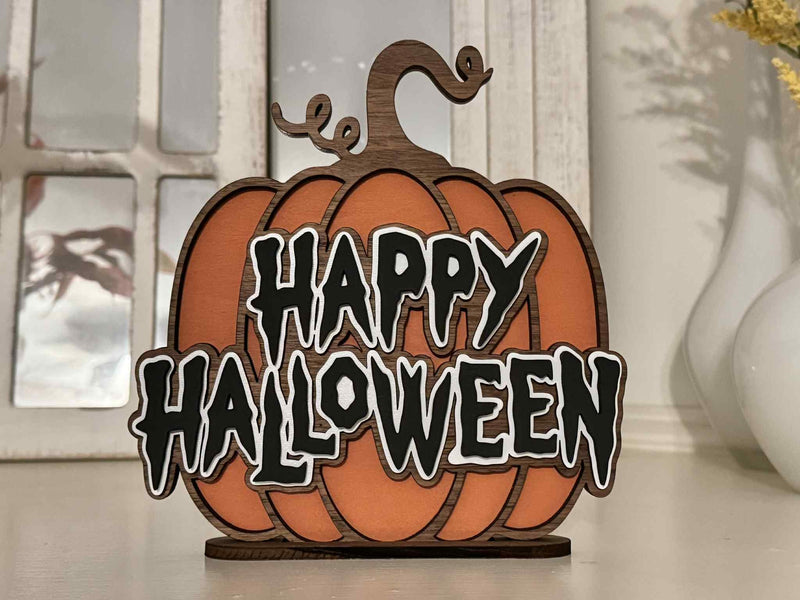 Happy Halloween Layered Wood Sign | 3D Pumpkin Sign | Laser Cut Halloween Decor | Spooky Fall Shelf Sitter | Haunted House Decoration - Moonshineandglitter