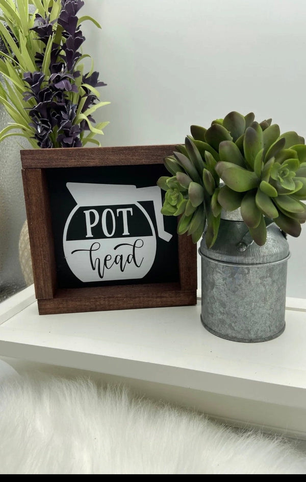 Mini wood sign tiered tray Pot head coffee pot mini wood sign
