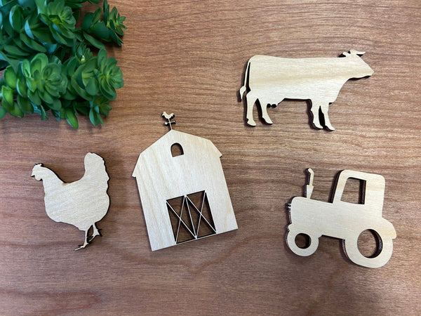 Farmhouse wood cutout tractor cow chicken rooster farm barn tiered tray accessories