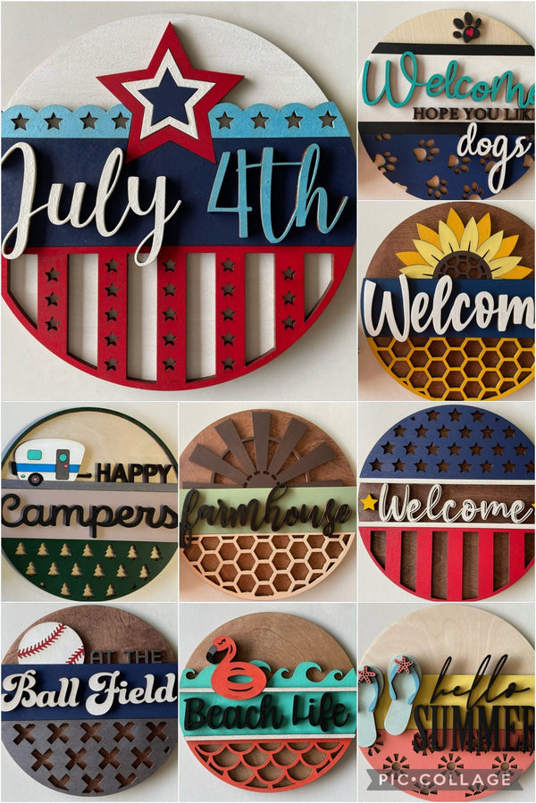 Wood round welcome home sign dog July America
