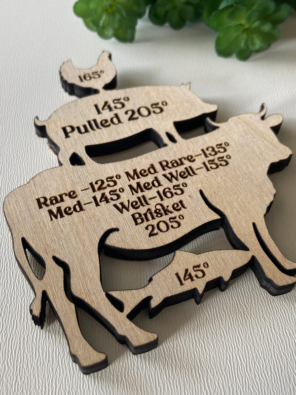 Meat Temperature Guide Magnet – Laser Engraved Wood – Chicken, Beef, Pork, Fish & Brisket Temps