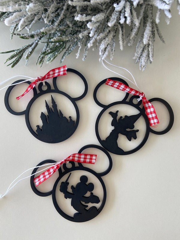 Disney Mickey Castle black silhouette ornament set