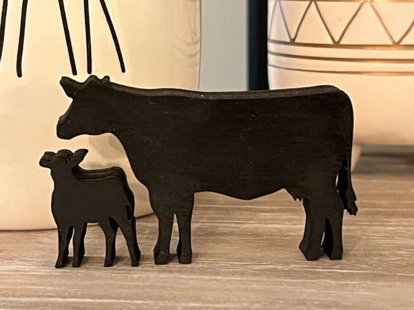 Black Mini Cow and Calf Wood Cutouts - 2 Piece Set for Tiered Tray Decor, Laser Cut and Painted - Farmhouse Decor