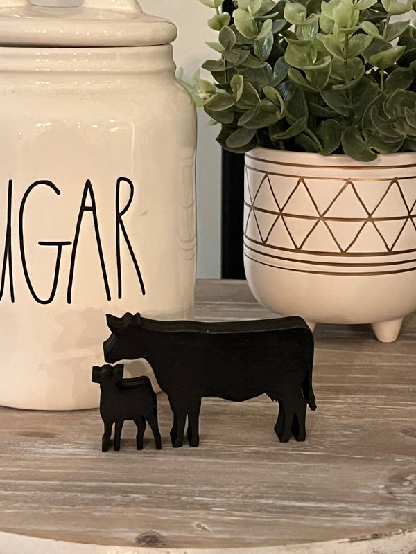 Black Mini Cow and Calf Wood Cutouts - 2 Piece Set for Tiered Tray Decor, Laser Cut and Painted - Farmhouse Decor