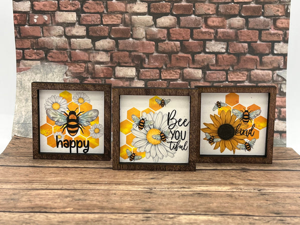 Tiered tray mini wood sign bee honey yellow 3x3 handmade farmhouse