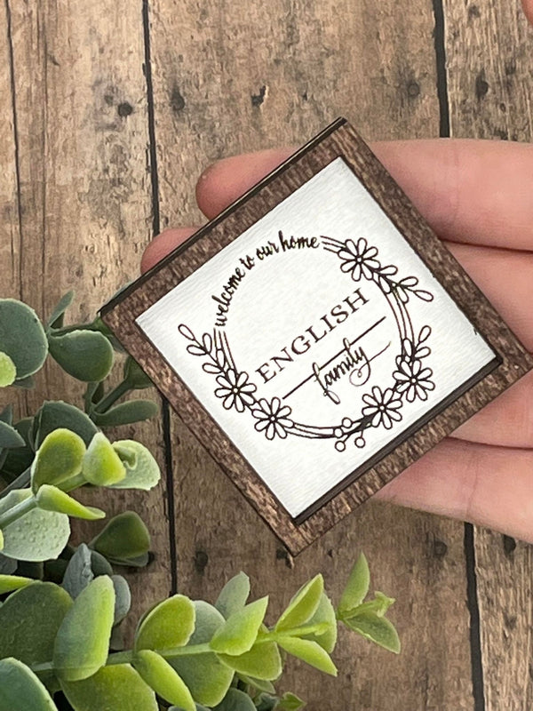 Miniature Custom engraved Family last name wood sign Farmhouse style  Red mahogany frame Boho housewarming New home Newlyweds gift