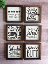 Miniature tiered tray wood signs 3x3 bathroom addition humor funny get naked poop sweet cheeks wash your hands housewarming gift