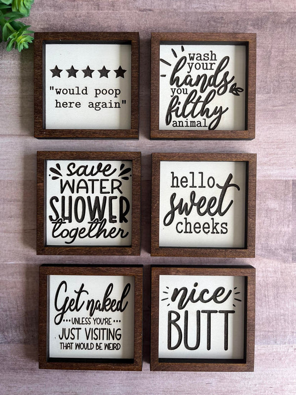 Miniature tiered tray wood signs 3x3 bathroom addition humor funny get naked poop sweet cheeks wash your hands housewarming gift