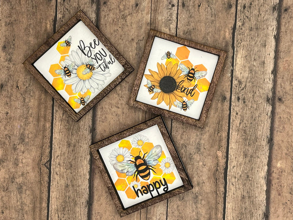 Tiered tray mini wood sign bee honey yellow 3x3 handmade farmhouse