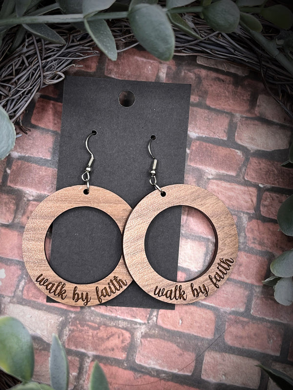 Walnut wood walk by Faith earrings spiritual Easter spring style gift for her minimalist   Adorable solid walnut earring set One sided