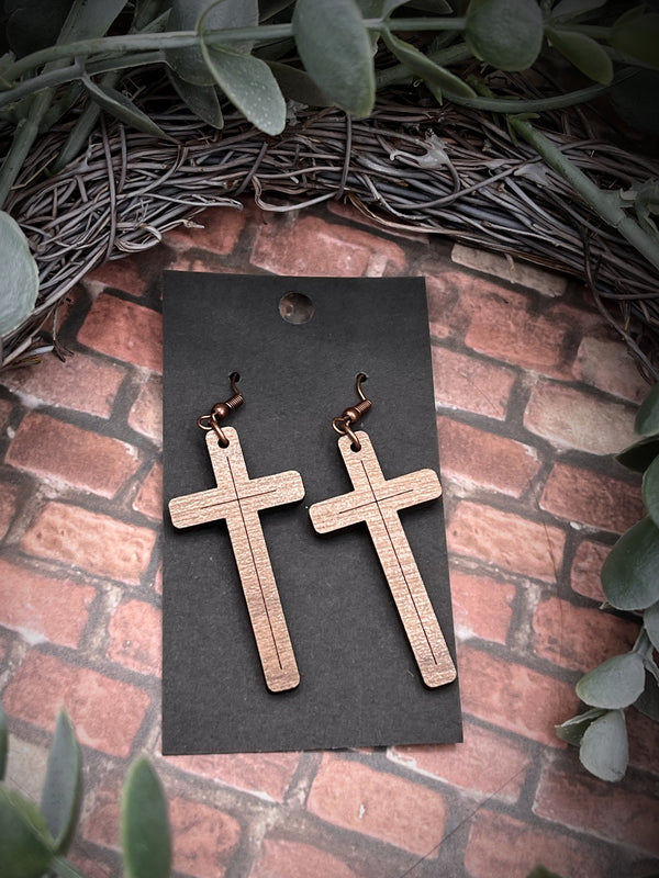 Walnut wood Cross earrings spiritual Easter spring style gift for her minimalist   Adorable solid walnut earring set One sided