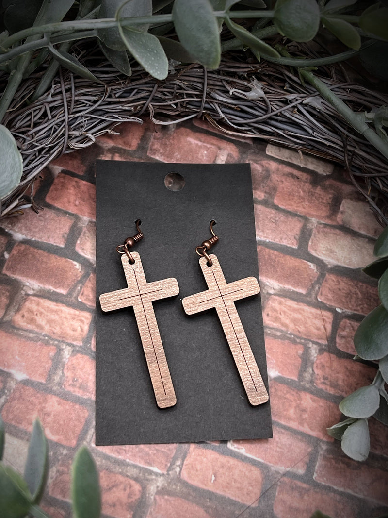Walnut wood Cross earrings spiritual Easter spring style gift for her minimalist   Adorable solid walnut earring set One sided