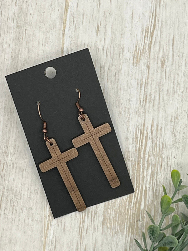 Walnut wood Cross earrings spiritual Easter spring style gift for her minimalist   Adorable solid walnut earring set One sided
