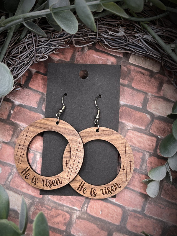 Walnut wood Faith he is risen earrings spiritual Easter spring style gift for her minimalist   Adorable solid walnut