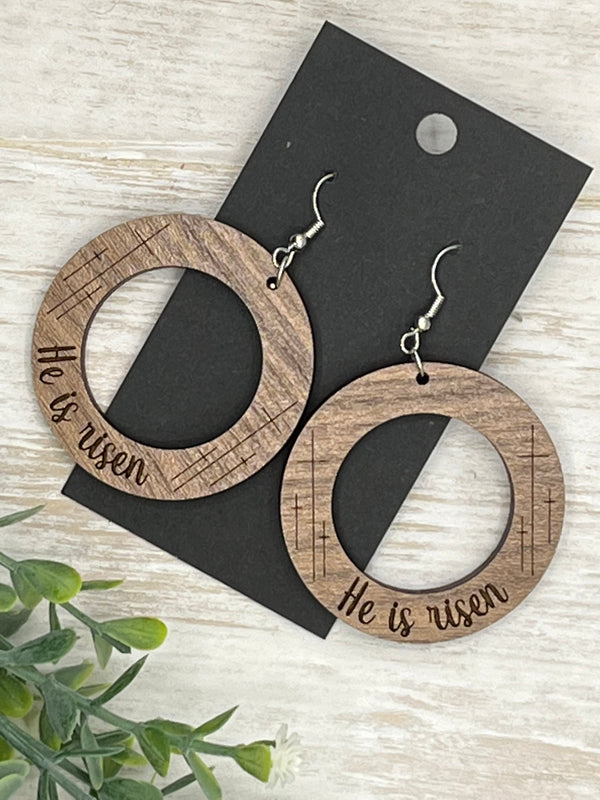 Walnut wood Faith he is risen earrings spiritual Easter spring style gift for her minimalist   Adorable solid walnut