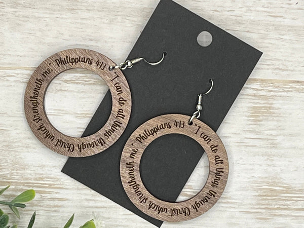 Walnut wood Faith earrings spiritual Easter spring style gift for her minimalist   Adorable solid walnut  I can do all things through Christ