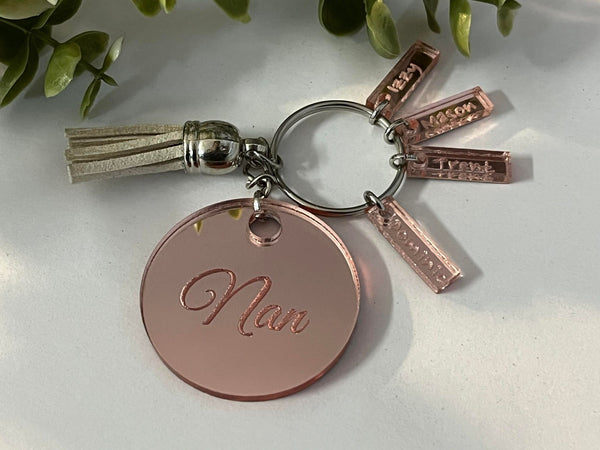 Personalized Rose Gold Mirrored Acrylic keychain Mom Mothers Day Grandmother Children Laser cut Laser engraved