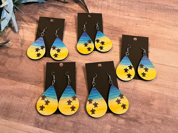 Sea turtles ocean beach wood teardrop earrings Laser cutLas engraved gift for her cutout wood  handmade earrings.