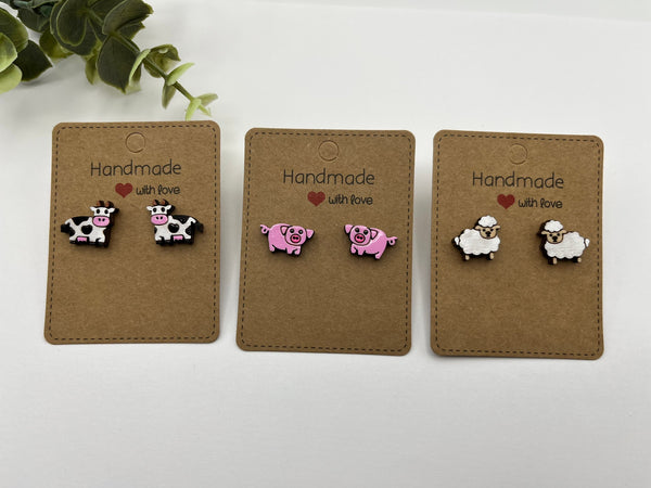 Hand painted farm animal stud earrings pig cow sheep minimalist gift for her barn