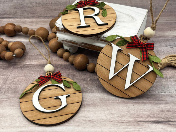 Letter initial wood shiplap Christmas ornament school holiday Santa