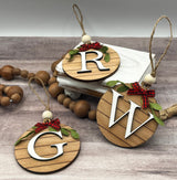 Letter initial wood shiplap Christmas ornament school holiday Santa
