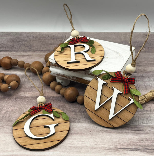 Letter initial wood shiplap Christmas ornament school holiday Santa