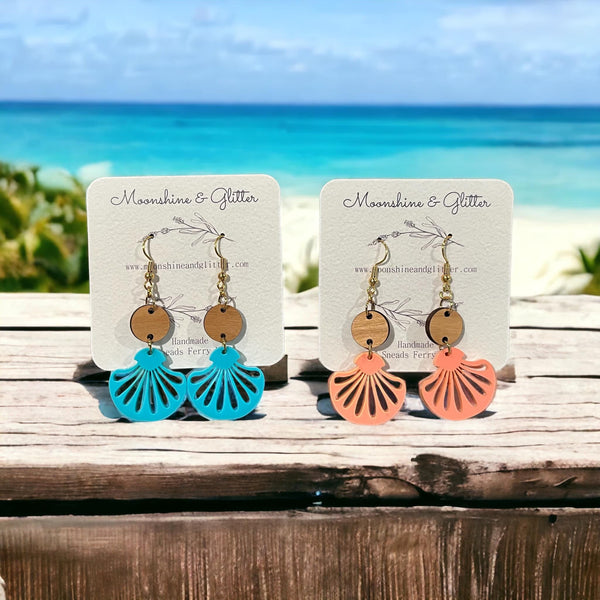Beach dangle earrings turquoise coral shell vacation gift for her lightweight hypoallergenic