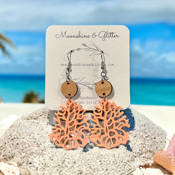 Coral Beach dangle earring cherry wood Gift for her hypoallergenic unique earrings drop boho minimalist jewelry