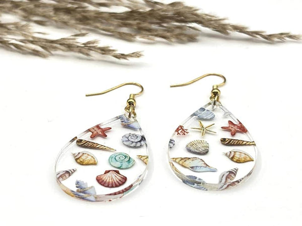 Beach dangle earrings turquoise coral shell vacation gift for her lightweight hypoallergenic