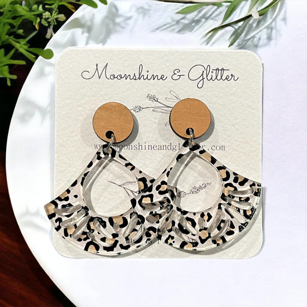 Cheetah Fan dangle earring cherry wood Gift for her hypoallergenic unique earrings drop boho minimalist jewelry
