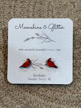 Handpainted Wood Stud Earrings with Cardinal Design red bird Hypoallergenic, Lightweight