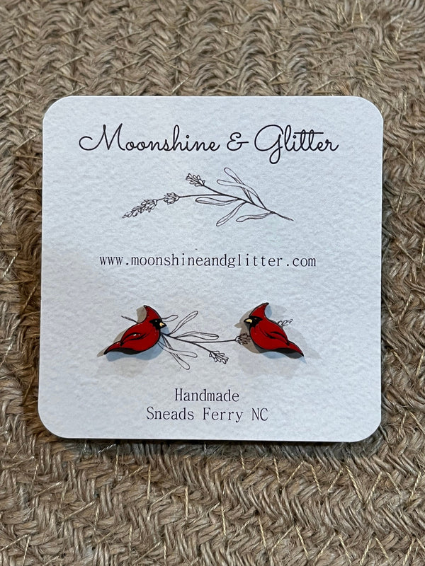 Handpainted Wood Stud Earrings with Cardinal Design red bird Hypoallergenic, Lightweight