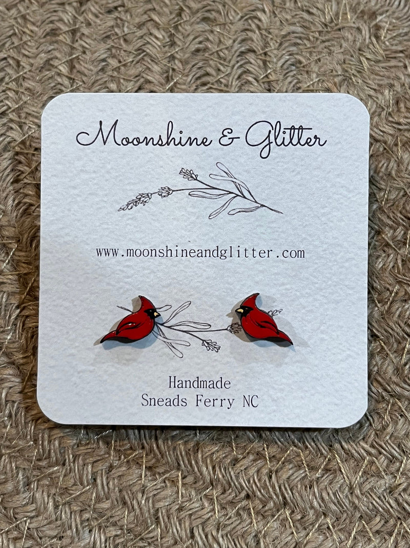 Handpainted Wood Stud Earrings with Cardinal Design red bird Hypoallergenic, Lightweight