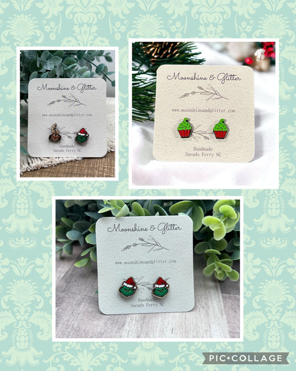 Handpainted Wood Stud Earrings with grinch green monsters Christmas Hypoallergenic, Lightweight