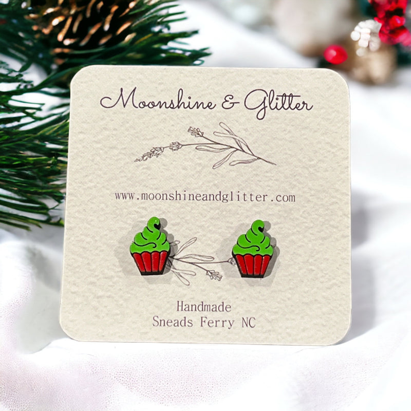 Handpainted Wood Stud Earrings with grinch green monsters Christmas Hypoallergenic, Lightweight
