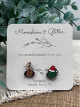 Handpainted Wood Stud Earrings with grinch green monsters Christmas Hypoallergenic, Lightweight